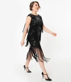 Unique Vintage 1920s Black Floral Sequin Bayonne Fringe Flapper Dress Sale