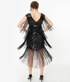 Unique Vintage 1920s Black Floral Sequin Bayonne Fringe Flapper Dress Sale