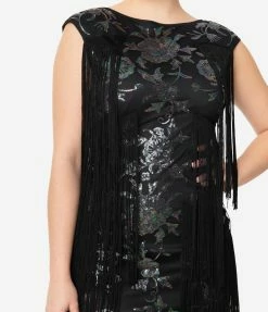 Unique Vintage 1920s Black Floral Sequin Bayonne Fringe Flapper Dress Sale