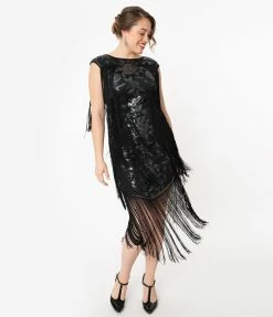 Unique Vintage 1920s Black Floral Sequin Bayonne Fringe Flapper Dress Sale
