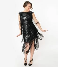 Unique Vintage 1920s Black Floral Sequin Bayonne Fringe Flapper Dress Sale