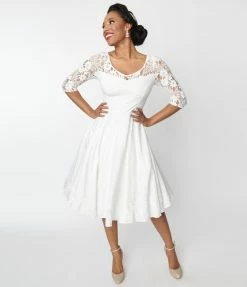 SHEEN Clothing Ltd Wedding 1950s Ivory Lace Sky Bridal Swing Dress