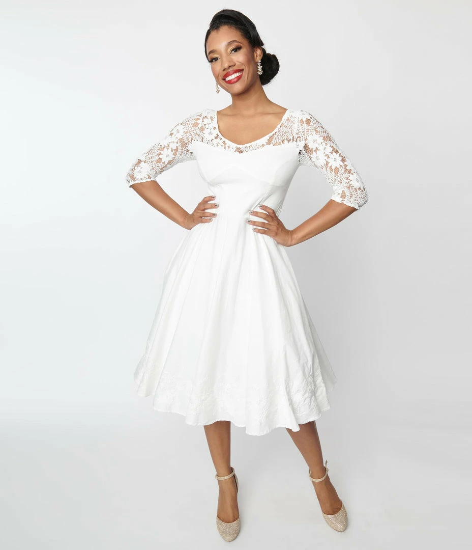 SHEEN Clothing Ltd Wedding 1950s Ivory Lace Sky Bridal Swing Dress