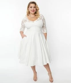 SHEEN Clothing Ltd Wedding Plus Size 1950s Ivory Lace Sky Bridal Swing Dress