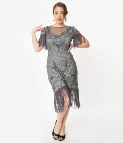 Unique Vintage 1920s Grey Beaded Nadine Flapper Dress