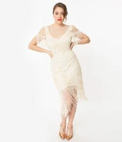 Clothing Unique Vintage 1920s Ivory Beaded Nadine Flapper Dress