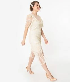 Clothing Unique Vintage 1920s Ivory Beaded Nadine Flapper Dress