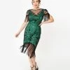 Unique Vintage 1920s Green & Black Beaded Nadine Flapper Dress Clothing