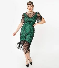 Unique Vintage 1920s Green & Black Beaded Nadine Flapper Dress Clothing