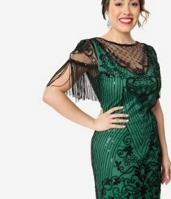 Unique Vintage 1920s Green & Black Beaded Nadine Flapper Dress Clothing