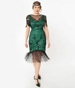 Unique Vintage 1920s Green & Black Beaded Nadine Flapper Dress Clothing
