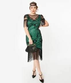 Unique Vintage 1920s Green & Black Beaded Nadine Flapper Dress Clothing