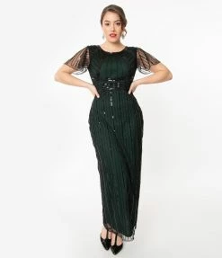 Sale Unique Vintage 1920s Emerald & Black Sequin Tess Flapper Gown