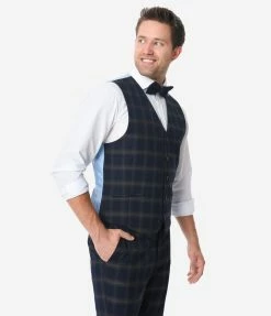 Berragamo Navy Blue Windowpane Mens Vest Sale