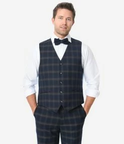 Berragamo Navy Blue Windowpane Mens Vest Sale