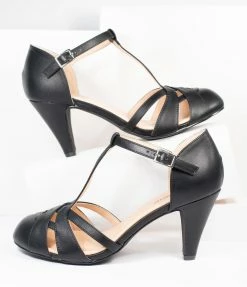 Unique Vintage Black Leatherette Woven T-Strap Heels Unique Vintage Brand