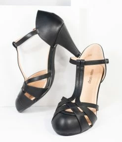 Unique Vintage Black Leatherette Woven T-Strap Heels Unique Vintage Brand