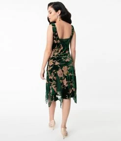 Unique Vintage 1920s Emerald Velvet Floral Burnout Hemingway Flapper Dress Clothing
