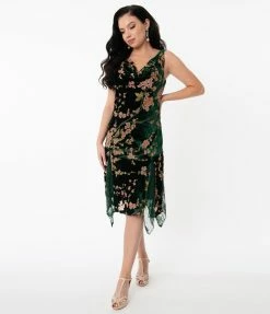 Unique Vintage 1920s Emerald Velvet Floral Burnout Hemingway Flapper Dress Clothing