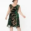 Unique Vintage Plus Size 1920s Emerald Velvet Floral Burnout Hemingway Flapper Dress Clothing
