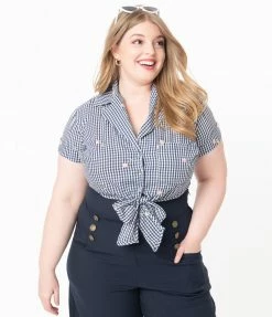 Unique Vintage Plus Size Navy Gingham & Pink Florals Shirley Crop Top Sale