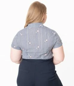 Unique Vintage Plus Size Navy Gingham & Pink Florals Shirley Crop Top Sale