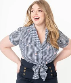 Unique Vintage Plus Size Navy Gingham & Pink Florals Shirley Crop Top Sale