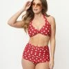 Esther Williams 1950s Retro Red & Ivory Dot Swim Top Swimwear
