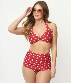 Esther Williams 1950s Retro Red & Ivory Dot Swim Top Swimwear