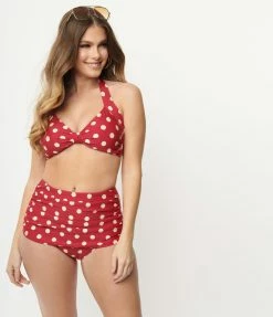 Esther Williams 1950s Retro Red & Ivory Dot Swim Top Swimwear