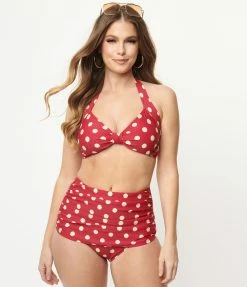 Esther Williams 1950s Retro Red & Ivory Dot Swim Top Swimwear