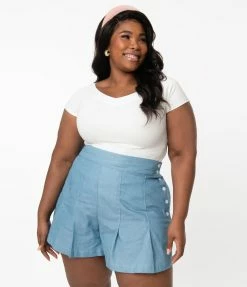 Unique Vintage Plus Size Light Blue Chambray Joyce Shorts Sale