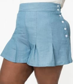 Unique Vintage Plus Size Light Blue Chambray Joyce Shorts Sale