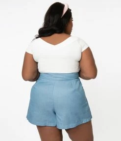 Unique Vintage Plus Size Light Blue Chambray Joyce Shorts Sale