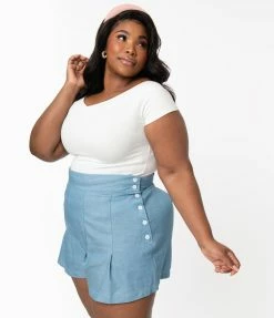 Unique Vintage Plus Size Light Blue Chambray Joyce Shorts Sale