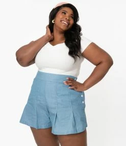 Unique Vintage Plus Size Light Blue Chambray Joyce Shorts Sale