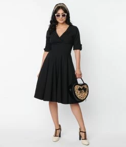 New Arrivals! Unique Vintage Black Delores Swing Dress With Sleeves