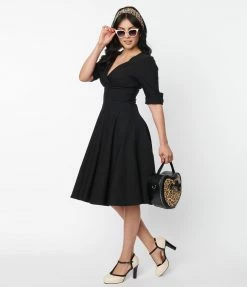 New Arrivals! Unique Vintage Black Delores Swing Dress With Sleeves