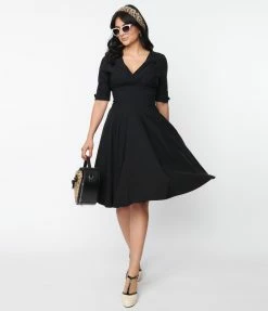 New Arrivals! Unique Vintage Black Delores Swing Dress With Sleeves
