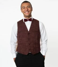 Collectif Burgundy Crosshatch Max Waistcoat Sale