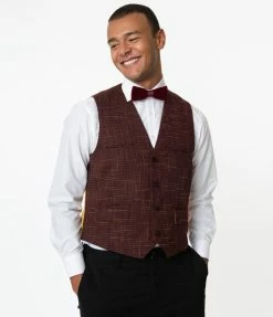 Collectif Burgundy Crosshatch Max Waistcoat Sale