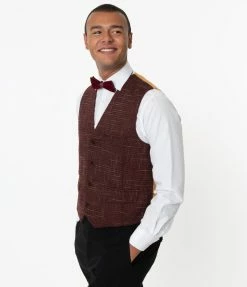 Collectif Burgundy Crosshatch Max Waistcoat Sale