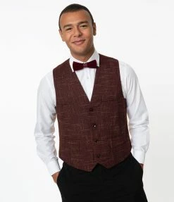 Collectif Burgundy Crosshatch Max Waistcoat Sale