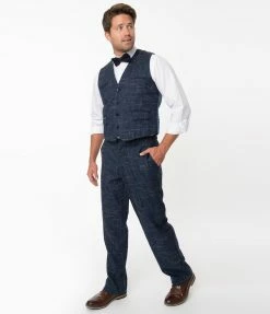 Collectif Navy Blue Crosshatch Bobbie Trousers Sale