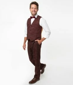 Collectif Burgundy Crosshatch Bobbie Trousers Sale