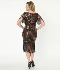 Unique Vintage 1920s Black & Bronze Sequin Sleeved Laure Flapper Dress