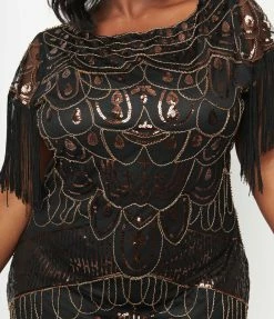 Unique Vintage Plus Size 1920s Black & Bronze Sequin Sleeved Laure Flapper Dress