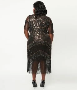 Unique Vintage Plus Size 1920s Black & Bronze Sequin Sleeved Laure Flapper Dress