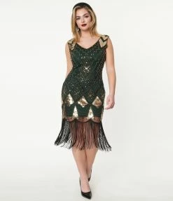Clothing Unique Vintage 1920s Emerald & Gold Sequin Lina Flapper Dress