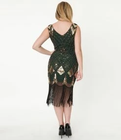 Clothing Unique Vintage 1920s Emerald & Gold Sequin Lina Flapper Dress
